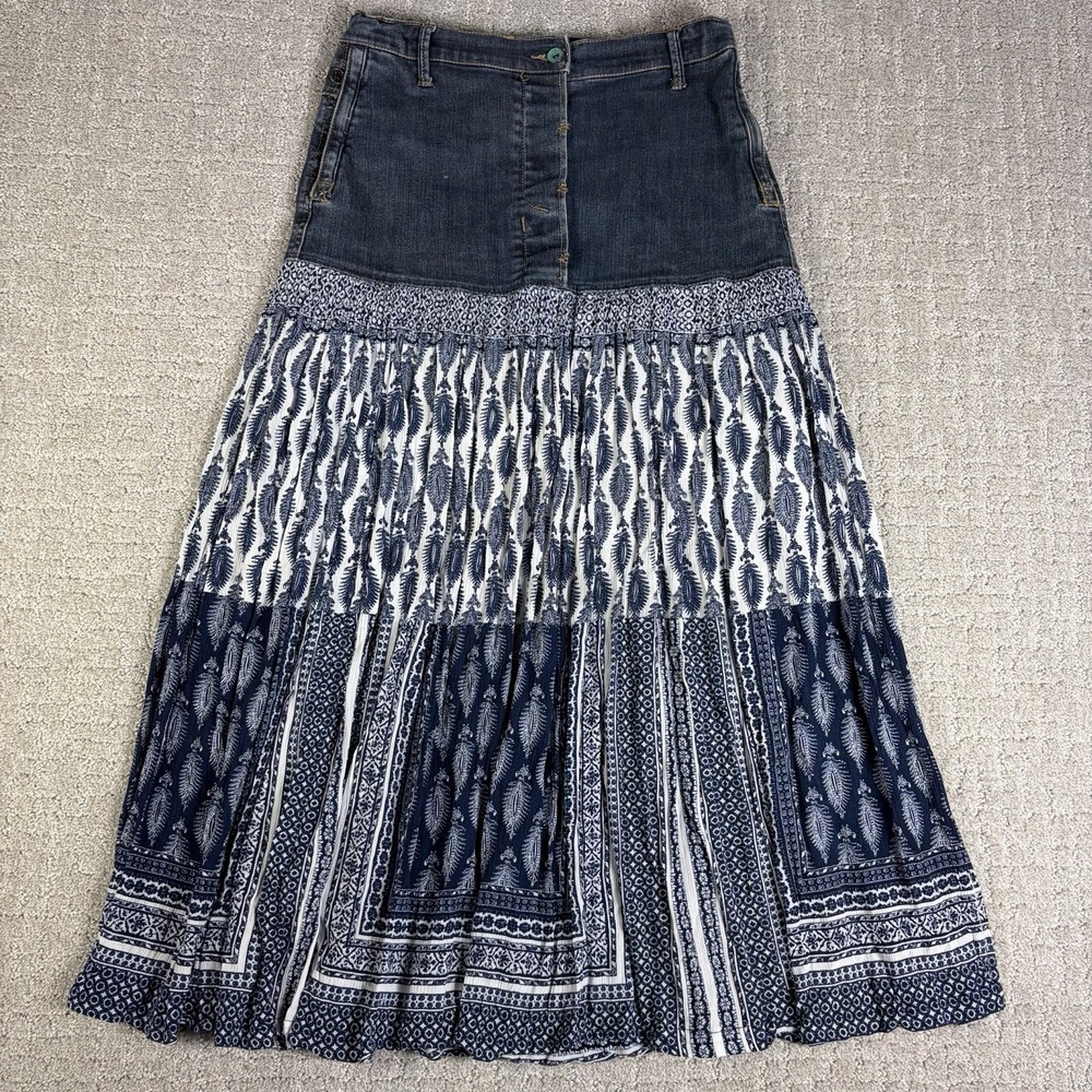 MNG Sz 4 Bohemian Tiered Denim Maxi Skirt Blue White Mixed Pattern Jean Yoke